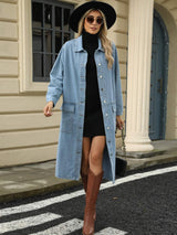 Pocketed Button Down Collared Neck Denim Jacket - Trendsi - Flyclothing LLC