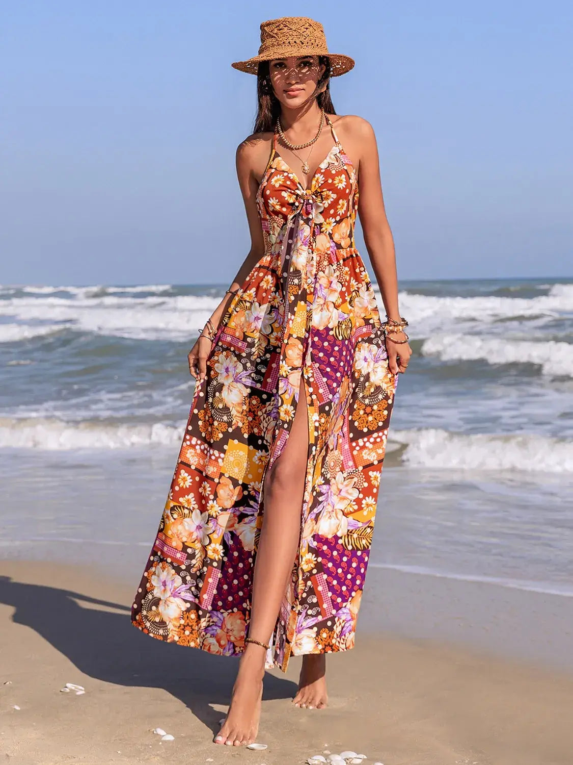 Slit Printed Halter Neck Cami Dress - Trendsi - Flyclothing LLC