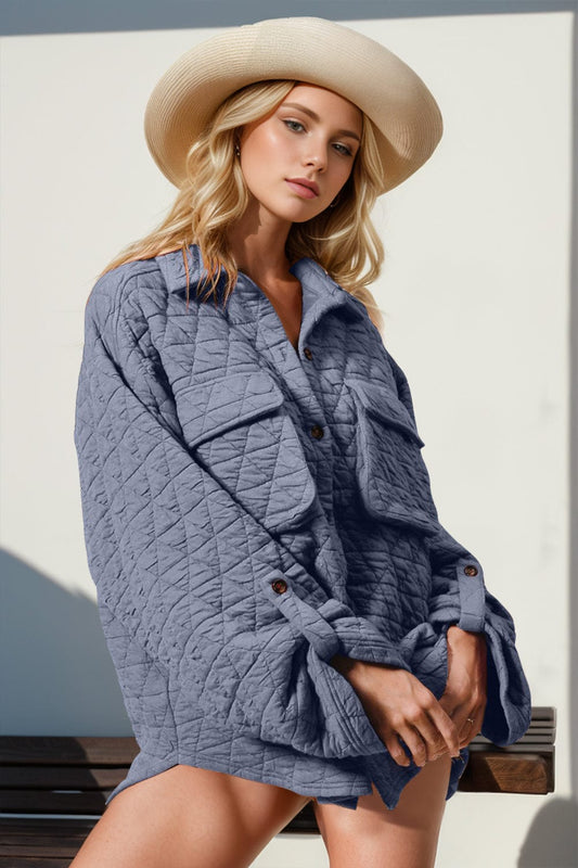 Double Take Button Up Quilted Shacket with Chest Pockets - Trendsi