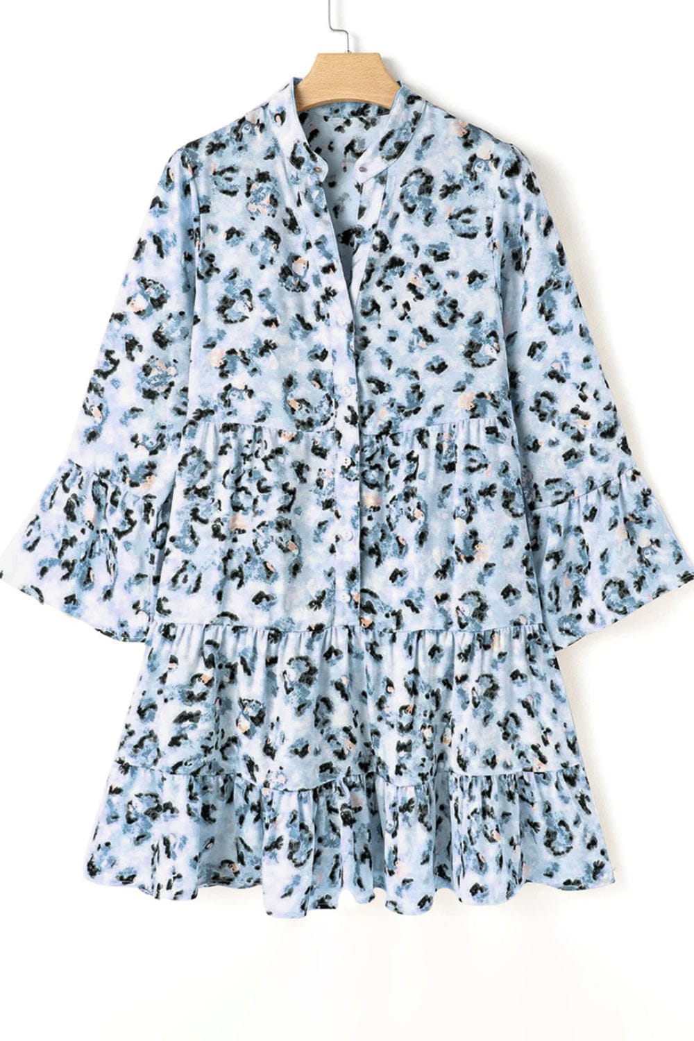 Leopard Notched Long Sleeve Tiered Dress - Trendsi