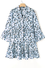 Leopard Notched Long Sleeve Tiered Dress - Trendsi