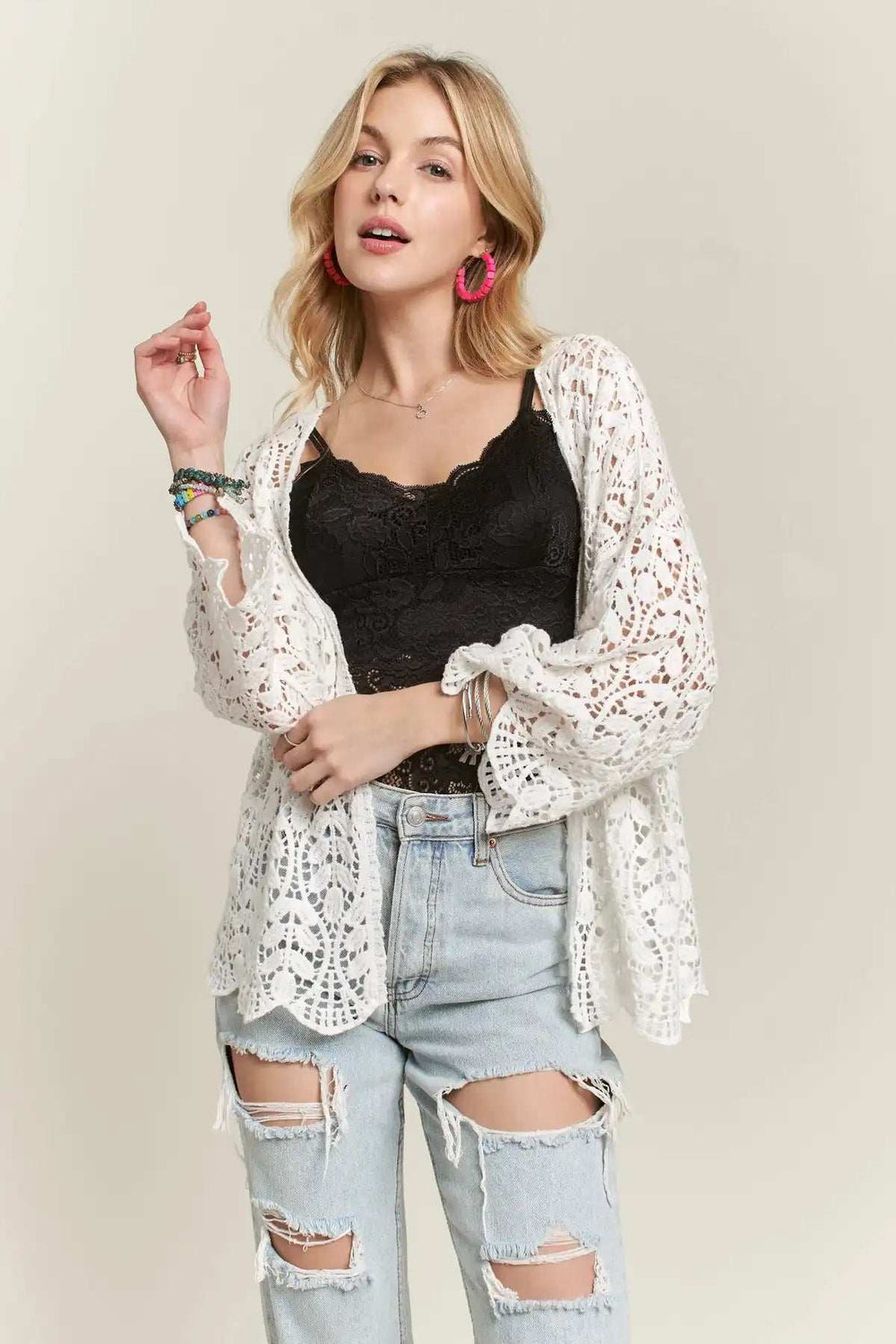 ADORA Leaf Pattern Crochet Cardigan - Trendsi - Flyclothing LLC
