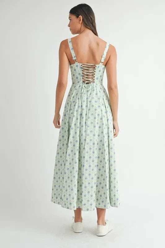 MABLE Floral Print Bustier Back Lace Up Midi Dress - Trendsi - Flyclothing LLC