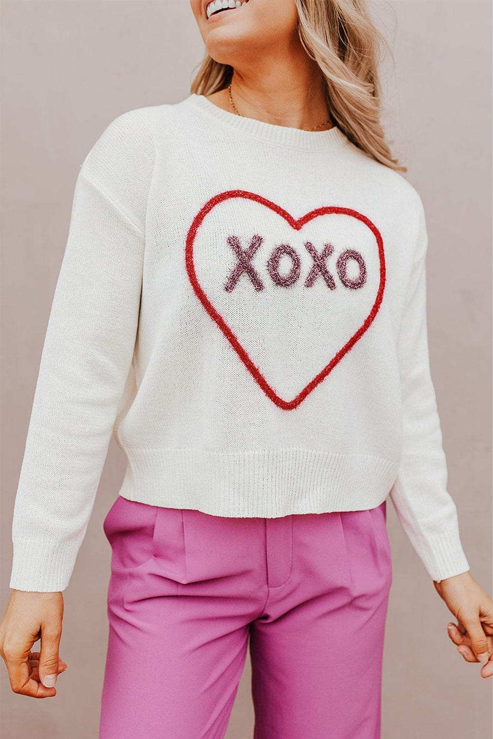 XOXO Round Neck Drop Shoulder Sweater - Trendsi - Flyclothing LLC