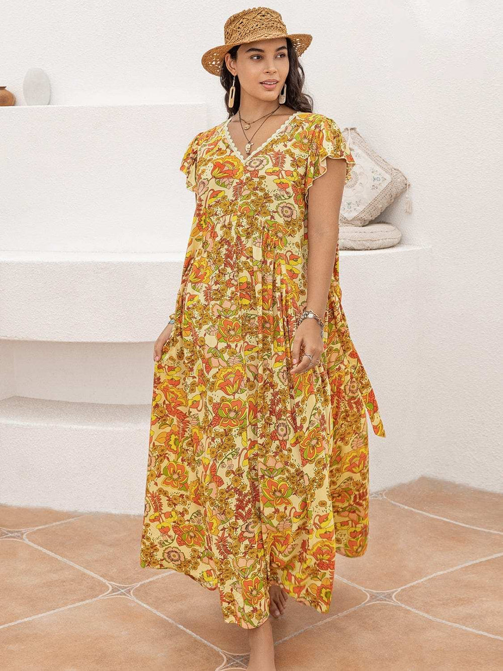 Plus Size Printed V-Neck Flutter Sleeve Tie Waist Maxi Dress - Trendsi - Flyclothing LLC