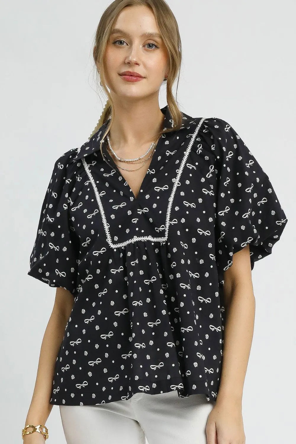 Umgee Bow Print Puff Sleeve Blouse - Trendsi