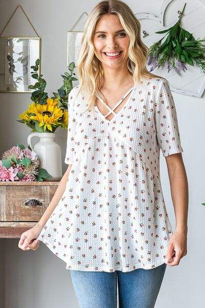 Heimish Full Size Crisscross Ditsy Floral Babydoll Top Plus Size - Trendsi - Flyclothing LLC