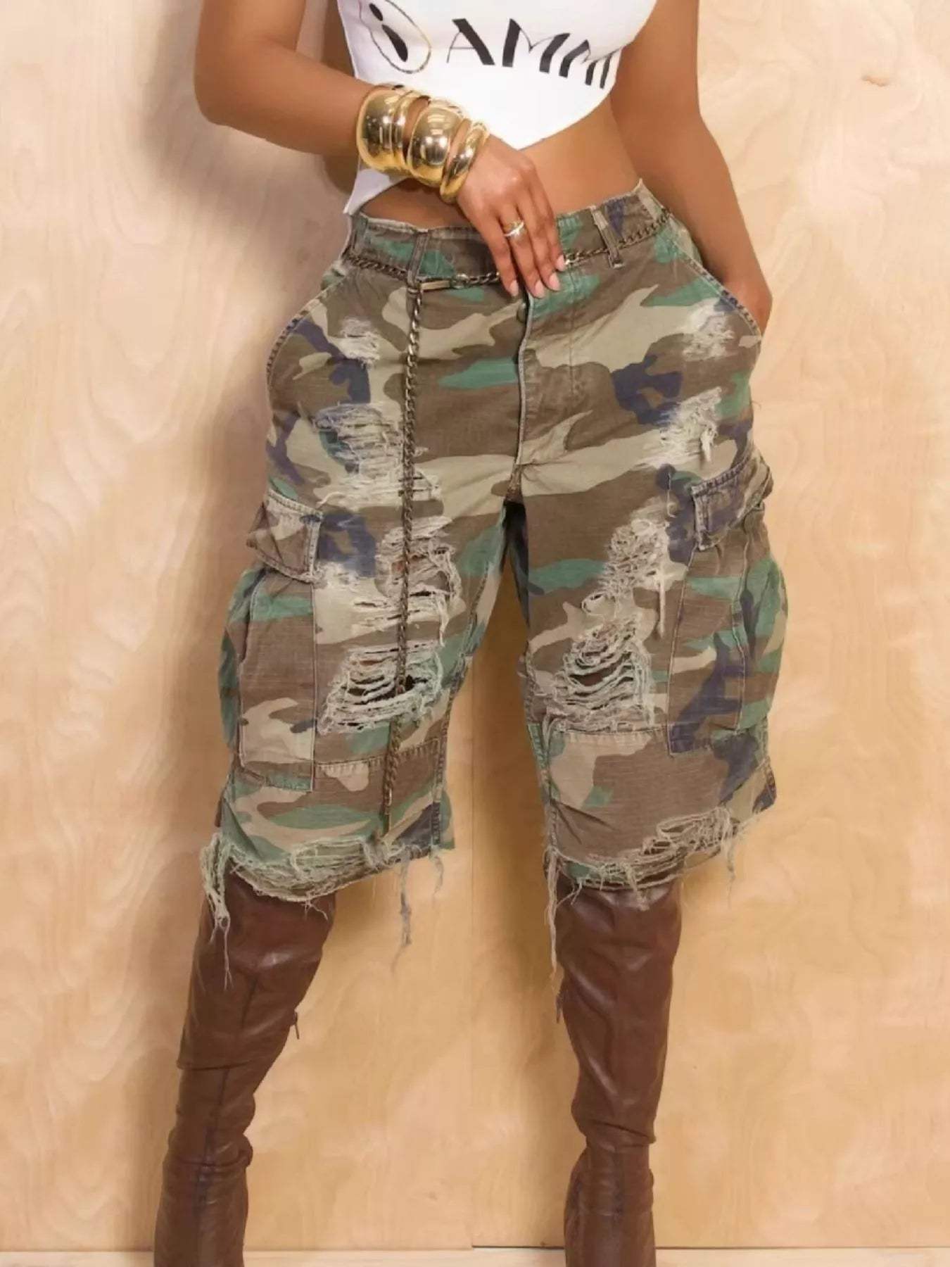 Distressed Camouflage Cargo Shorts - Trendsi - Flyclothing LLC