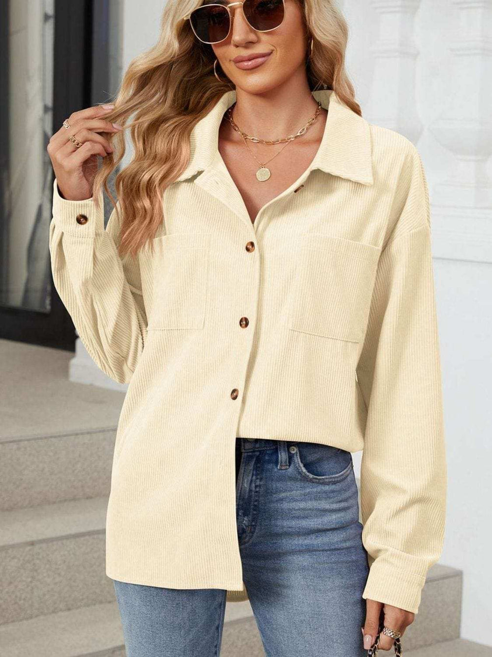 Button Up Dropped Shoulder Long Sleeve Outerwear - Trendsi - Flyclothing LLC