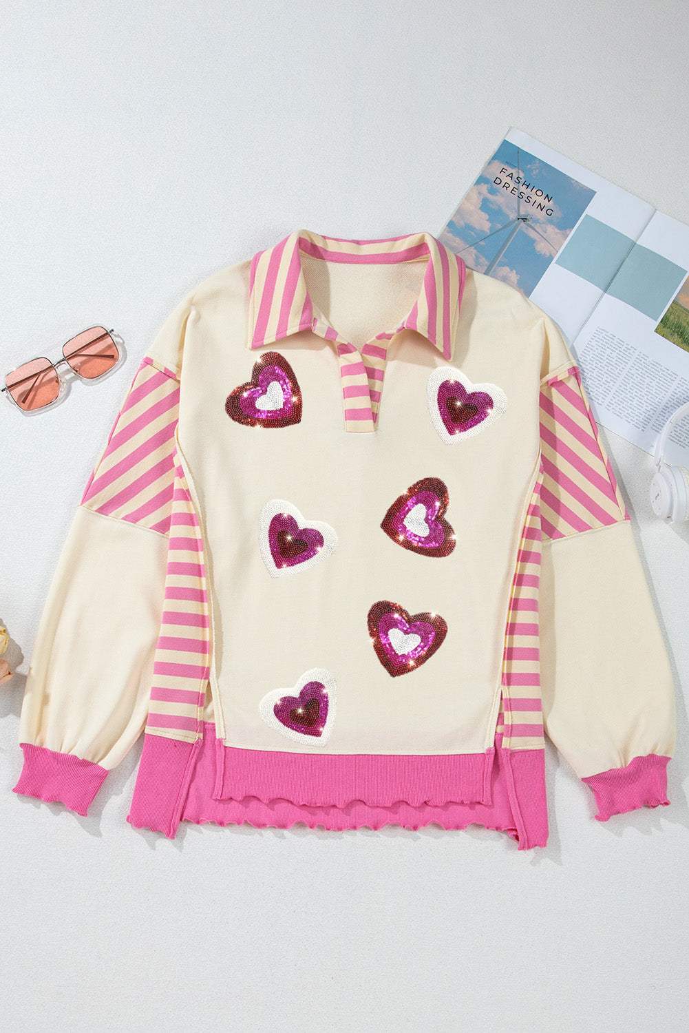 Valentine’s Day Sequin Heart Pattern Long Sleeve Sweatshirt - Trendsi - Flyclothing LLC
