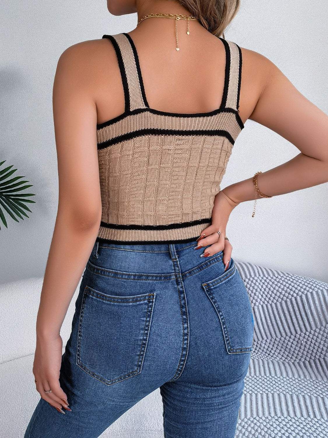 Decorative Button Wide Strap Knit Cami - Trendsi - Flyclothing LLC