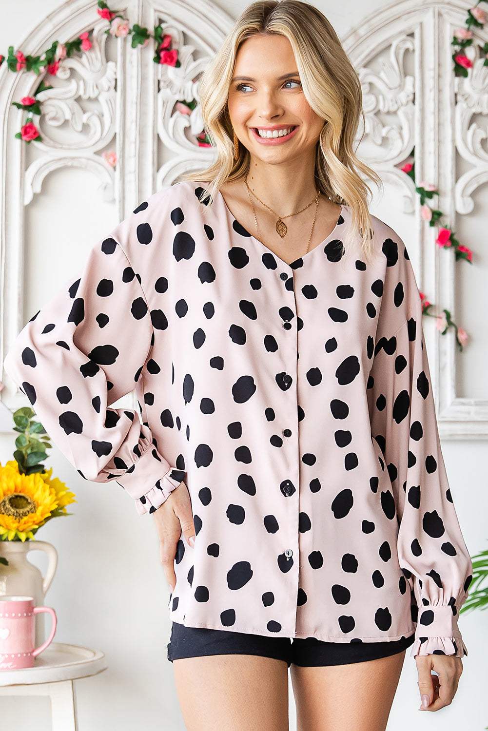 Printed Button Up Flounce Sleeve Shirt - Trendsi - Flyclothing LLC