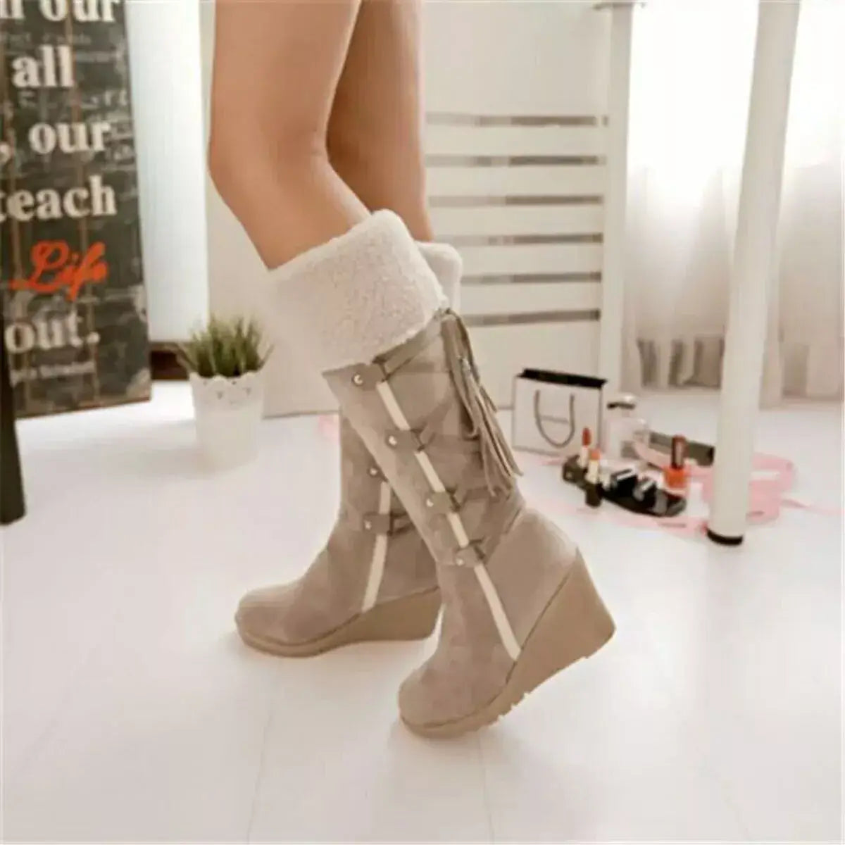 Round Toe Wedge Boots - Trendsi - Flyclothing LLC