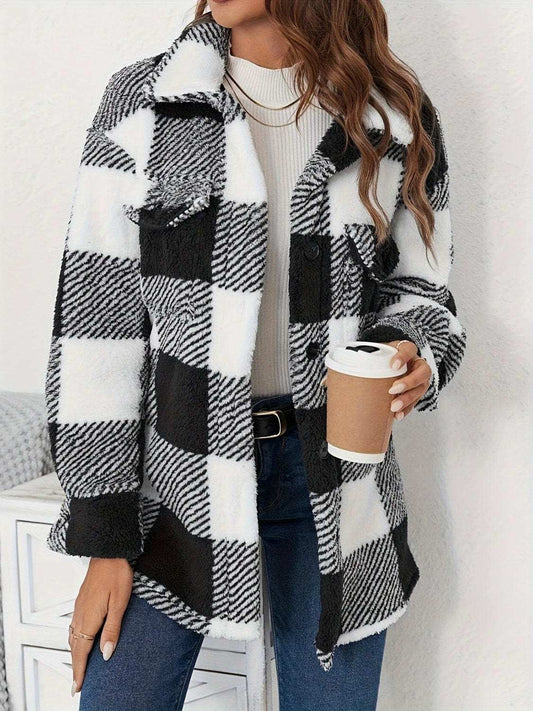 Plaid Button Up Long Sleeve Fuzzy Outerwear - Trendsi - Flyclothing LLC