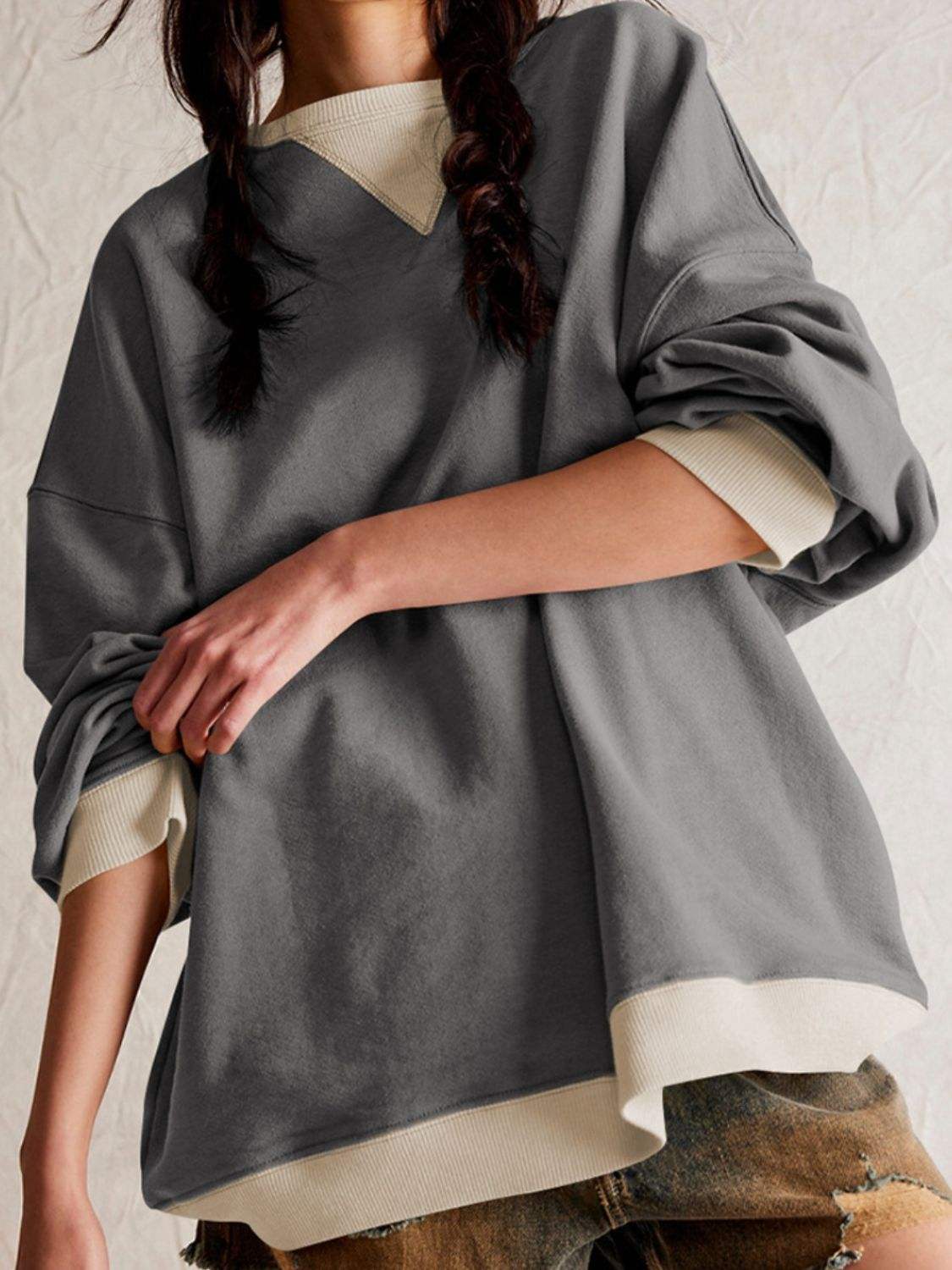 Contrast Dropped Shoulder Long Sleeve Sweatshirt - Trendsi - Flyclothing LLC