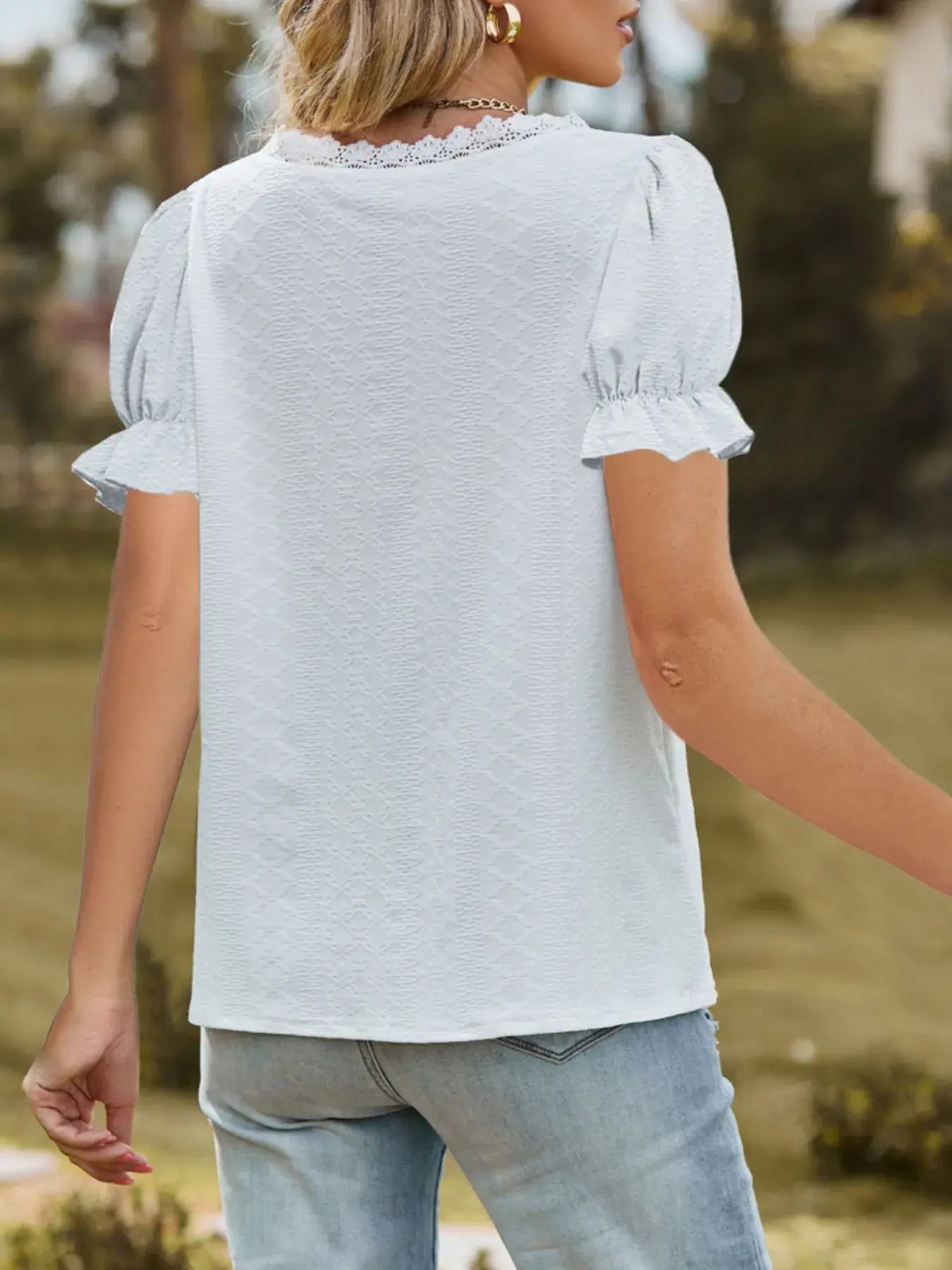 Lace Trim V-Neck Puff Sleeve Blouse - Trendsi - Flyclothing LLC