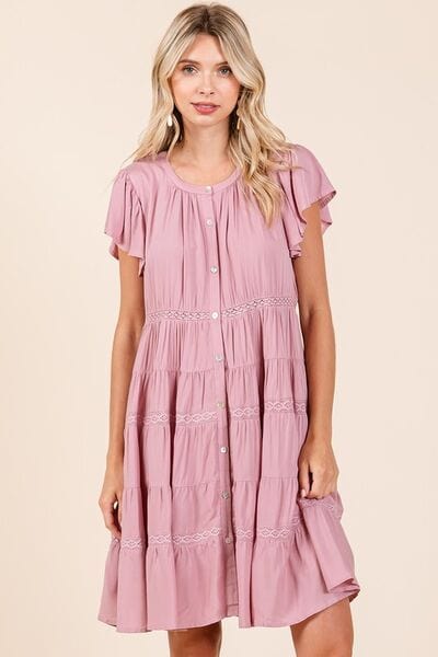 Mittoshop Lace Detail Ruffled Button Down Tiered Dress - Trendsi