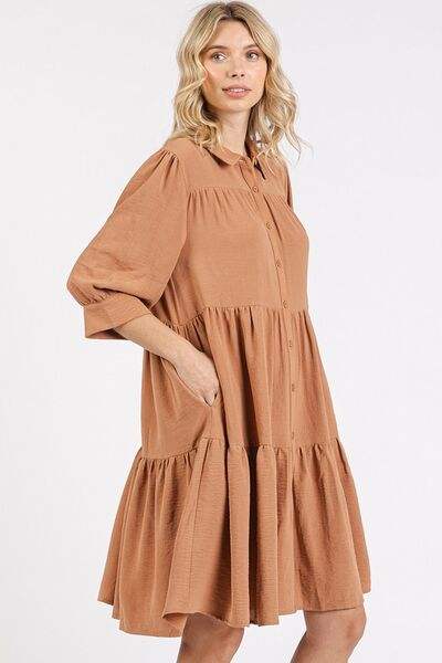 Mittoshop Button Detail Collared Neck Tiered Shirt Dress - Trendsi - Flyclothing LLC