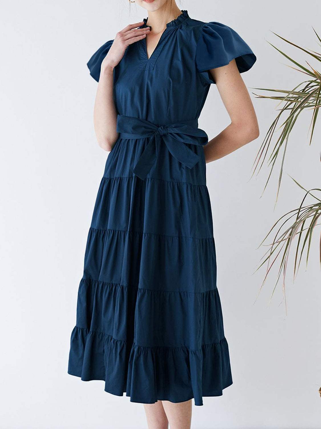 Ruched Tiered Notched Short Sleeve Dress - Trendsi - Flyclothing LLC