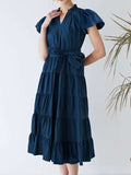 Ruched Tiered Notched Short Sleeve Dress - Trendsi