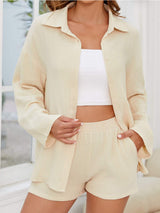 Button Up Long Sleeve Top and Shorts Set - Trendsi - Flyclothing LLC