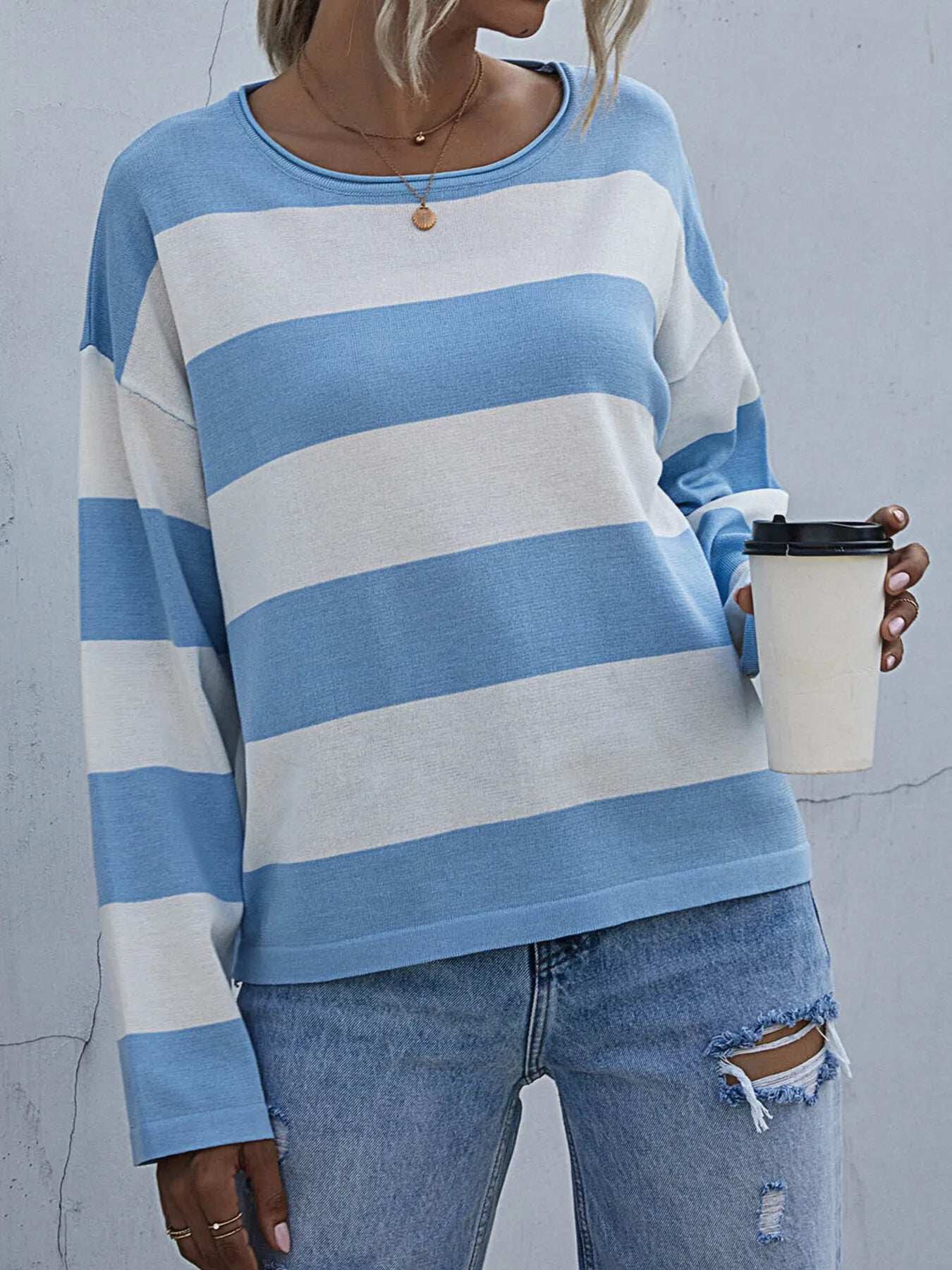 Striped Casual Long Sleeve Knit Top - Trendsi - Flyclothing LLC