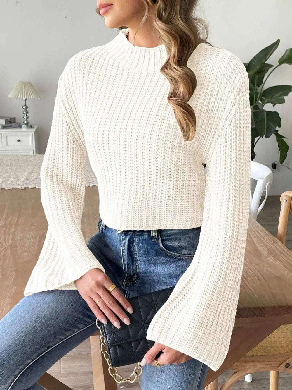 Mock Neck Long Sleeve Sweater - Trendsi - Flyclothing LLC
