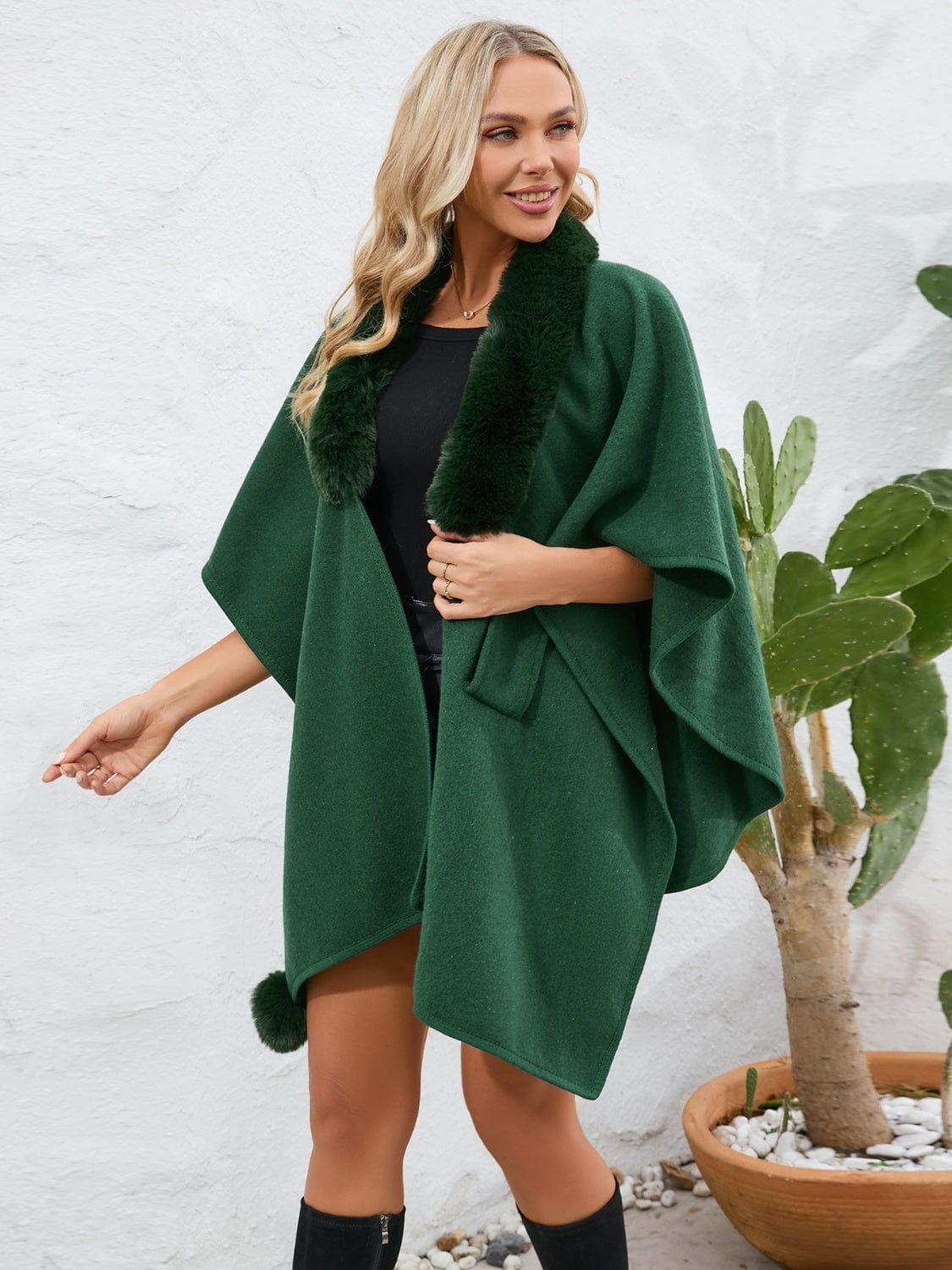 Fuzzy Trim Open Front Poncho - Trendsi