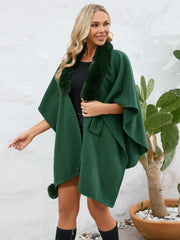Fuzzy Trim Open Front Poncho - Trendsi