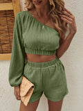One Shoulder Long Sleeve Top and Shorts Set - Trendsi