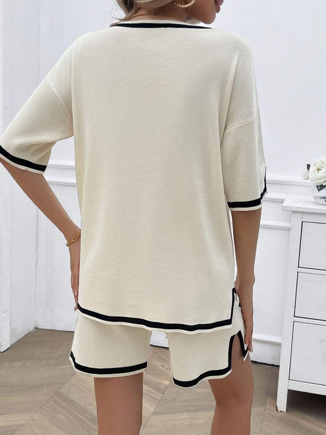 Contrast Trim V-Neck Top and Shorts Set - Trendsi - Flyclothing LLC