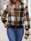 Plus Size Plaid Baseball Collar Zip Up Jacket - Trendsi