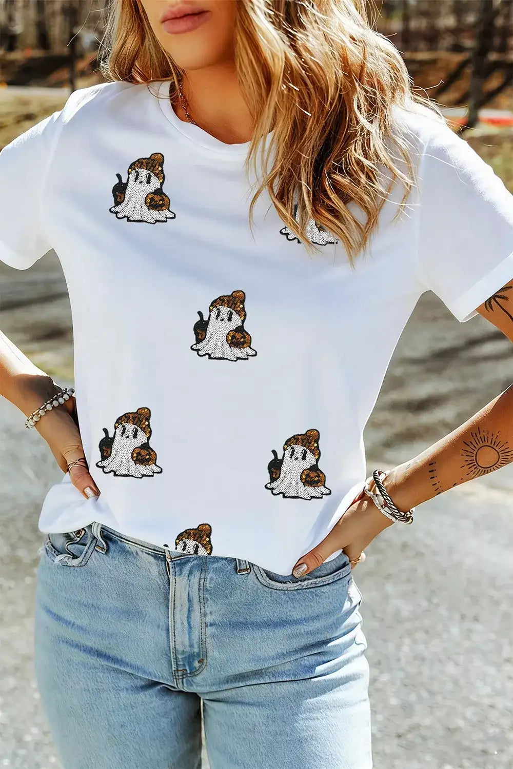 Full Size Halloween Sequin Ghost Print Short Sleeve Casual T-Shirt Plus Size - Trendsi - Flyclothing LLC