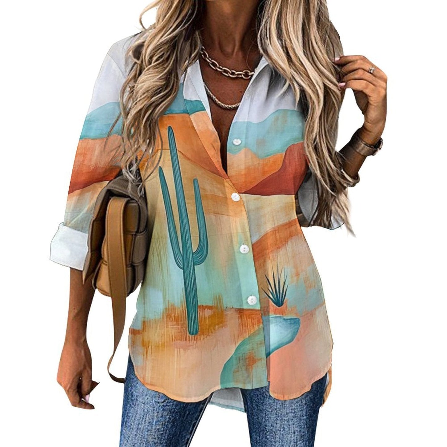 Baha Ranch Colores de Mexico Turquoise Desert Button Up Blouse