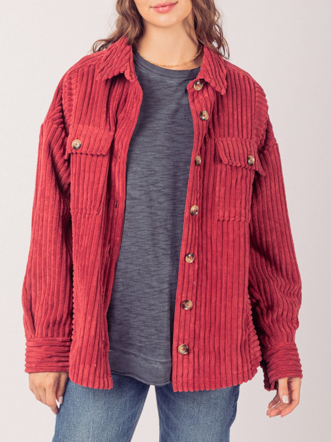 Button Up Long Sleeve Corduroy Jacket - Trendsi