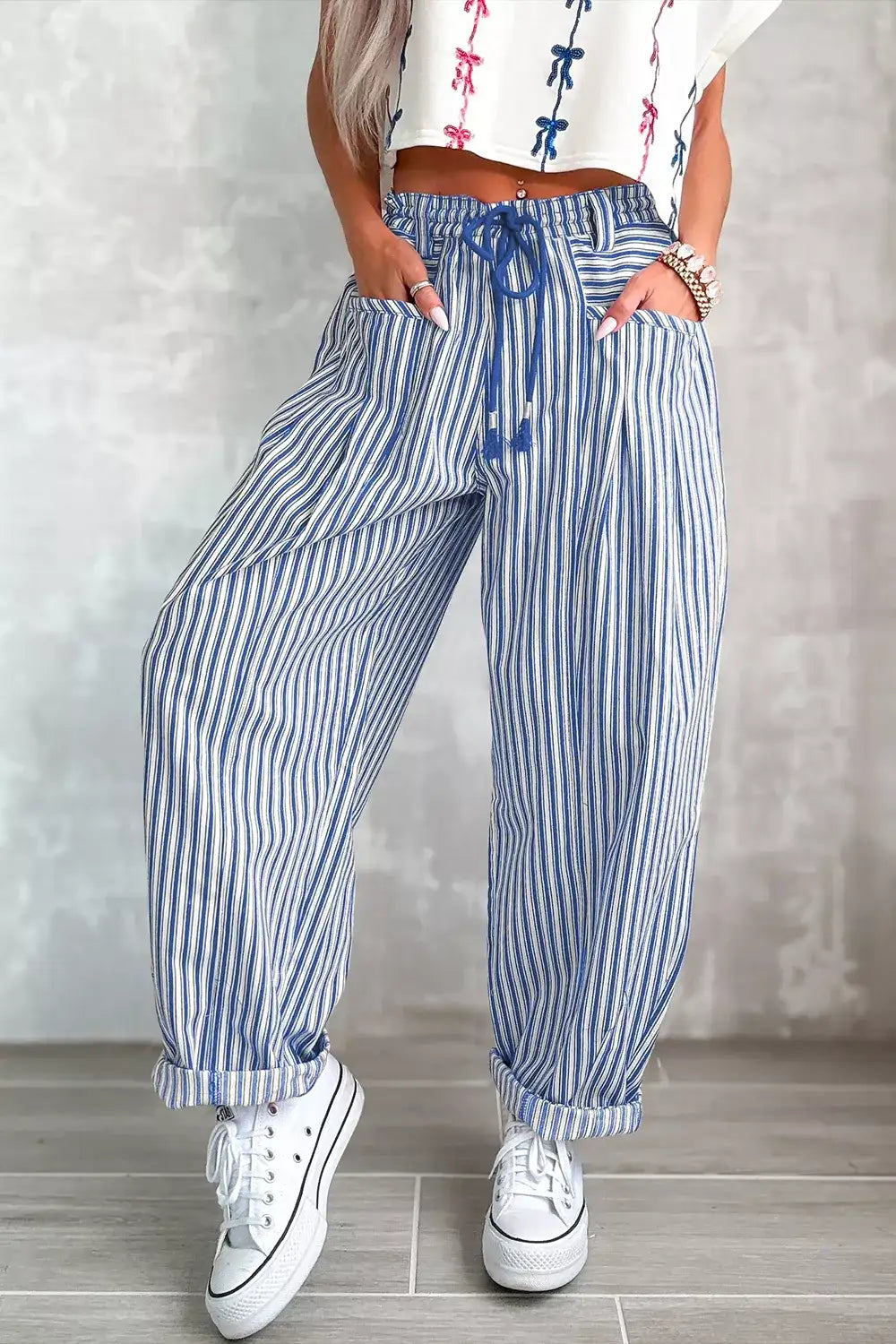 Stripe Drawstring Casual Loose Pants - Trendsi - Flyclothing LLC