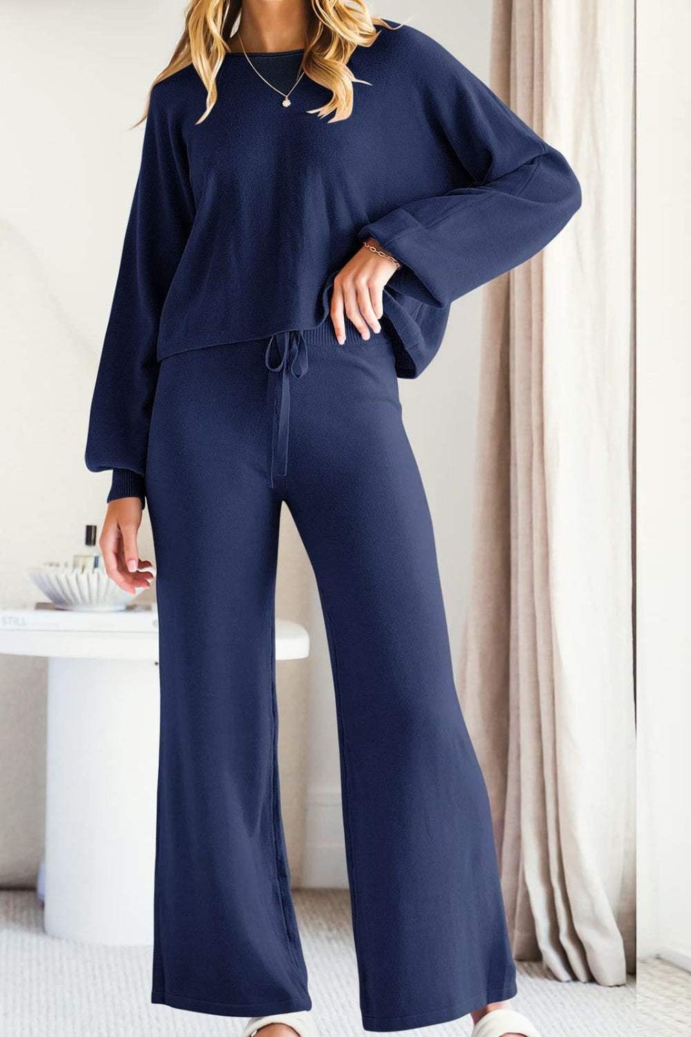 Round Neck Long Sleeve Top and Pants Set - Trendsi - Flyclothing LLC