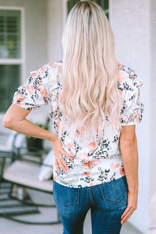 Ruffled Leopard Tie Neck Short Sleeve T-Shirt - Trendsi - Flyclothing LLC