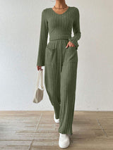 Ribbed V-Neck Long Sleeve Top and Pocketed Pants Set - Trendsi - Flyclothing LLC