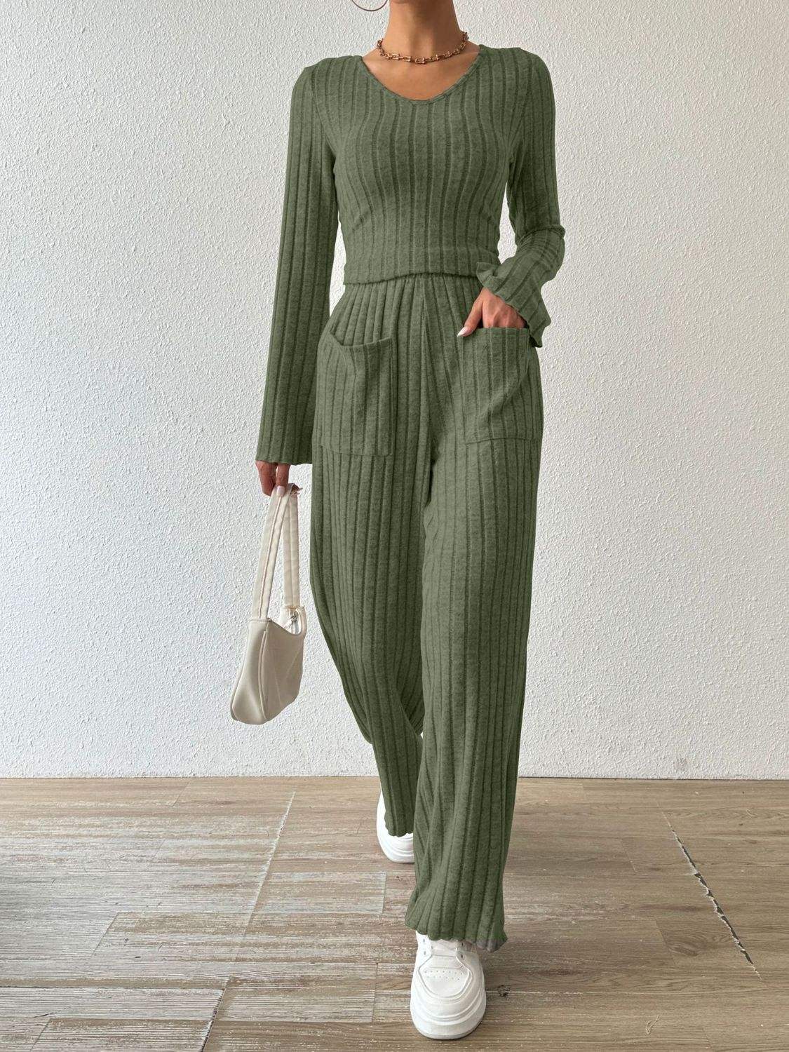 Ribbed V-Neck Long Sleeve Top and Pocketed Pants Set - Trendsi - Flyclothing LLC