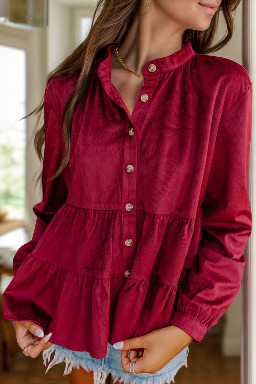 Peplum Round Neck Long Sleeve Shirt - Trendsi - Flyclothing LLC