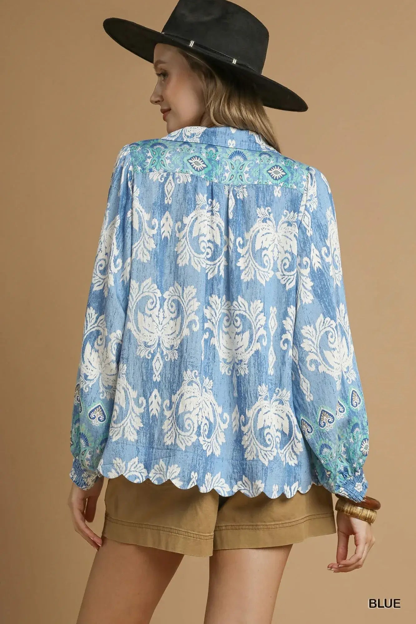 Umgee Printed Long Sleeve Blouse - Trendsi - Flyclothing LLC