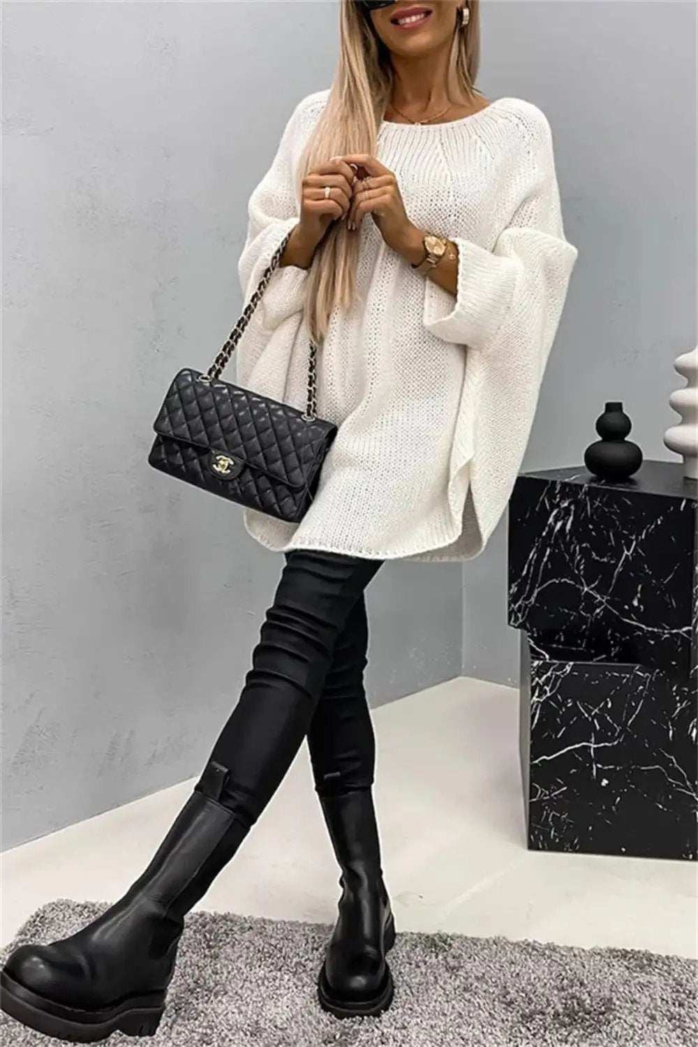 Round Neck Batwing Sleeve Sweater - Trendsi - Flyclothing LLC