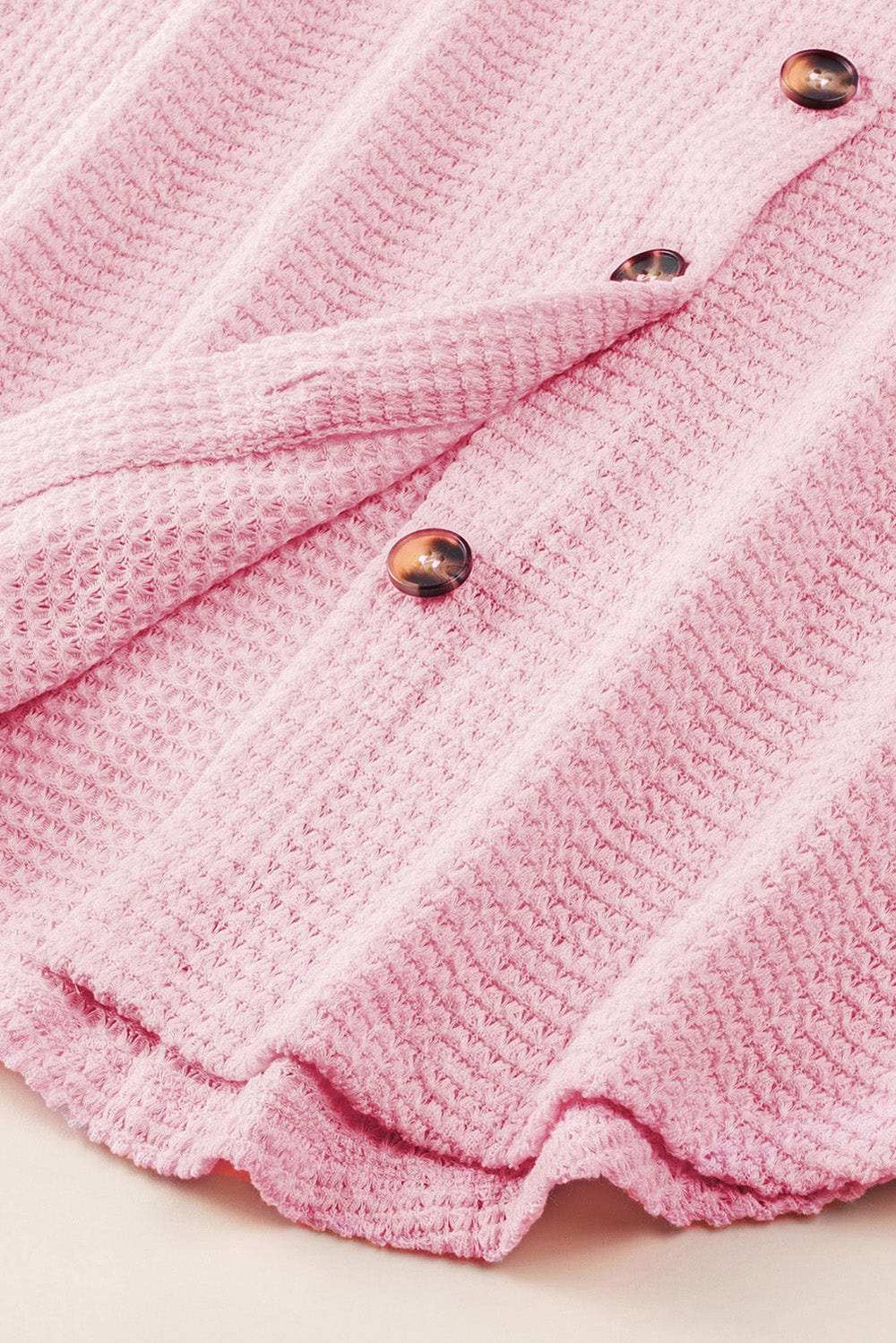 Waffle-Knit Collared Neck Long Sleeve Shirt - Trendsi - Flyclothing LLC
