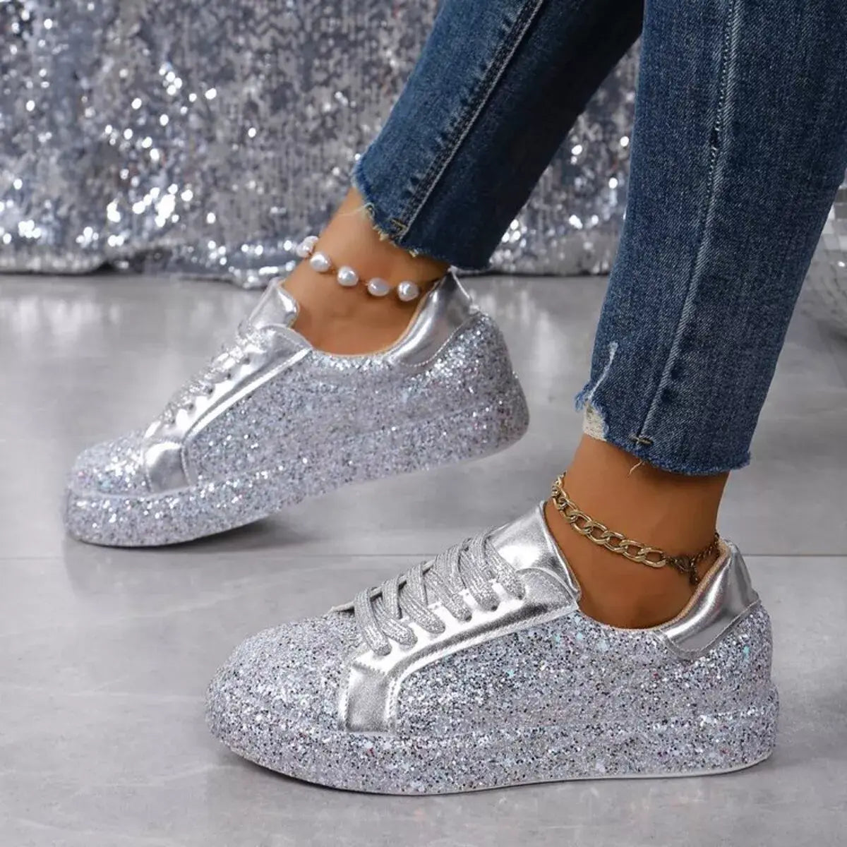 Sparkling Lace Up Sneakers - Trendsi - Flyclothing LLC