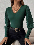 Swiss Dot V-Neck Long Sleeve Top - Trendsi - Flyclothing LLC