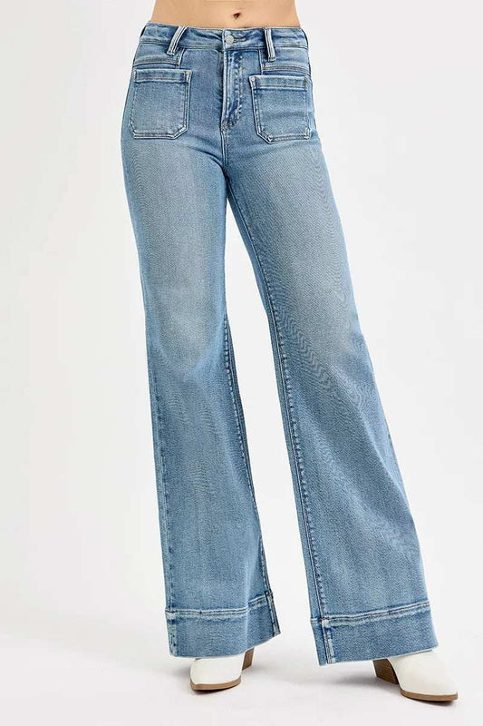 RISEN Full Size High Rise Wide Flare Patch Pocket Jeans Plus Size - Trendsi - Flyclothing LLC