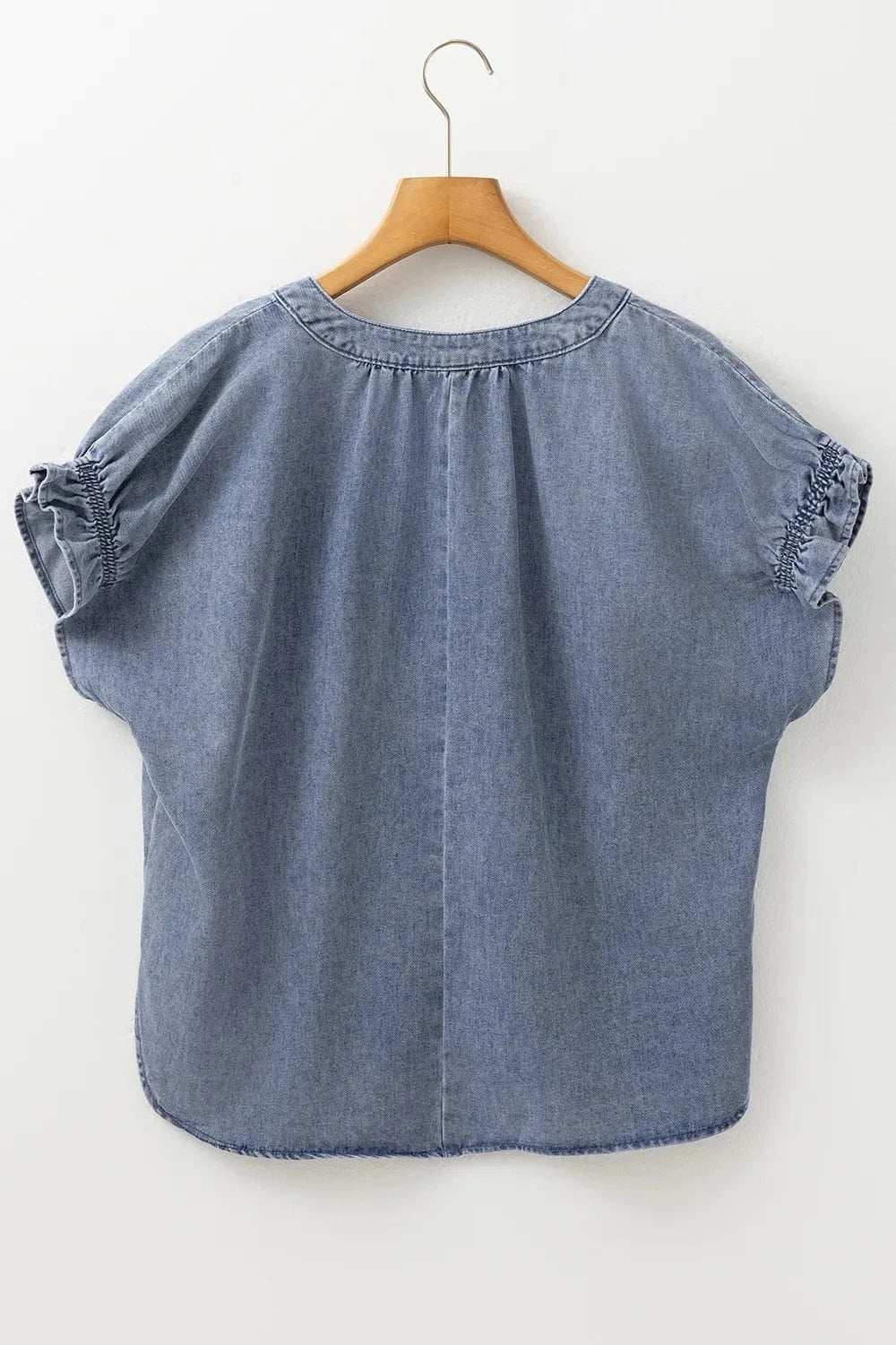 V Neck Ruffled Short Puff Sleeve Denim Top - Trendsi - Flyclothing LLC