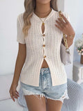 Cable Knit Button Down Short Sleeve Cardigan - Trendsi - Flyclothing LLC