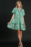 Umgee Full Size Printed Notched Puff Sleeve Mini Dress Plus Size - Trendsi